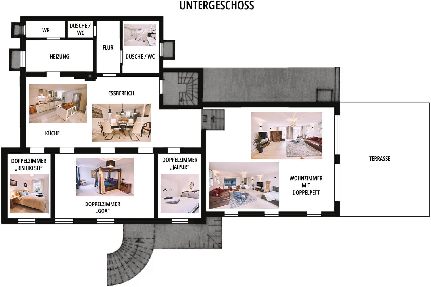 Grundriss Bildstein's Bed & Breakfast Ferienwohnung "Dharamsala" im Untergeschoss